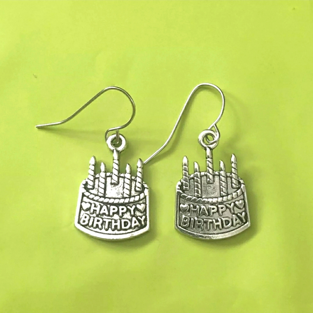 Happy birthday earrings silver cake candles mom